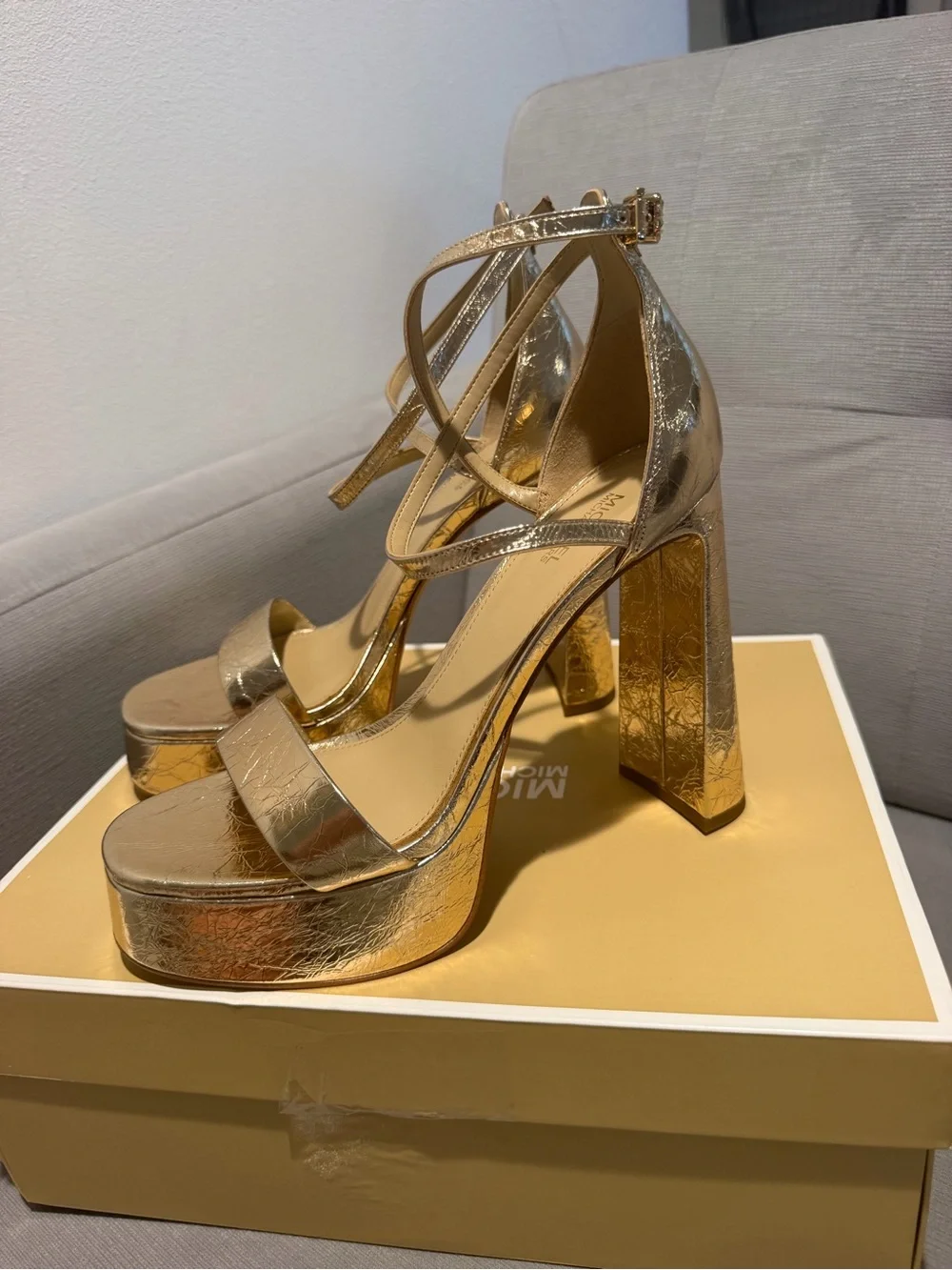 Michael Kors Metallic Gold Platform Block Heel Sandals
